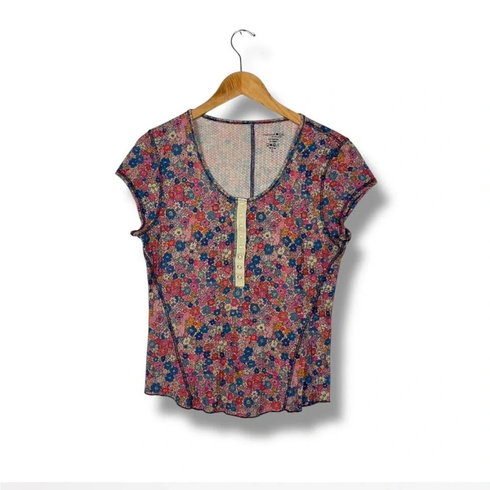 Natural Life Reagan Top Size Large Thermal Henley Snap Floral Garden Boho Hippie - Picture 2 of 6